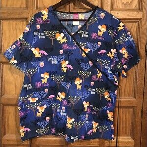 Disney Bambi Lost in the Woods Scrubs Womens L Multicolor Back Tie Wrap 2 Pocket